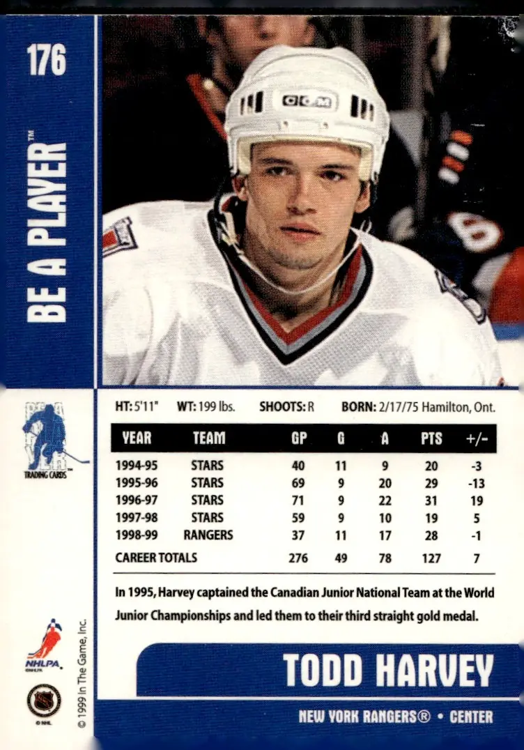 1999-00 Be A Player Memorabilia #176 Todd Harvey (back)