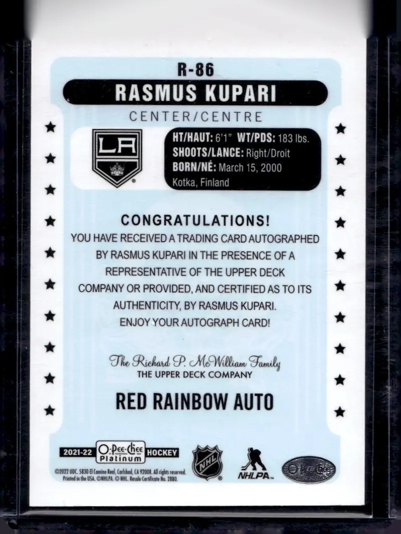 2021-22 O-Pee-Chee Platinum #R-86 Rasmus Kupari – Red Rainbow (back)