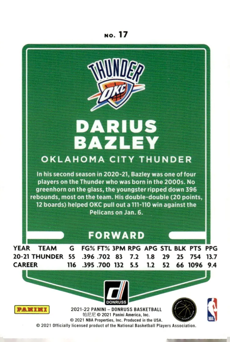 2021-22 Donruss #17 Darius Bazley (back)