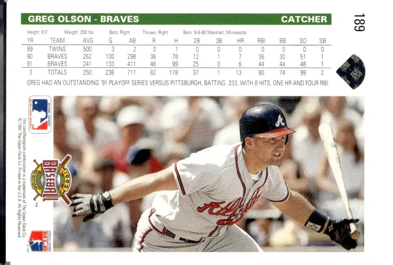 1992 Upper Deck Baseball #189 Greg Olson (back)