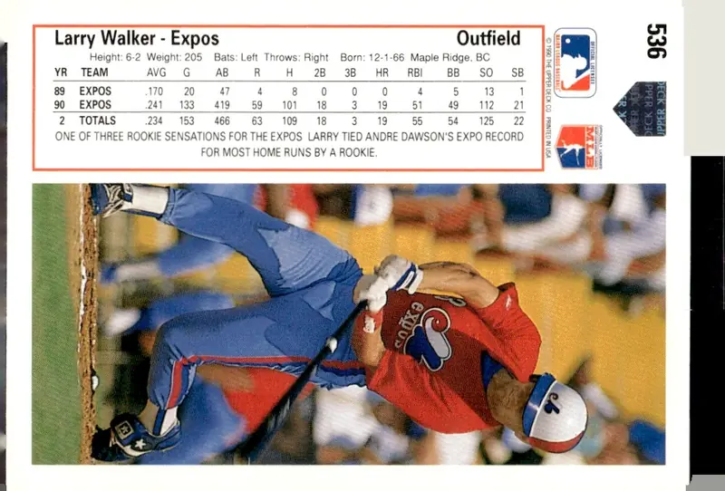 1991 Upper Deck #536 Larry Walker (back)