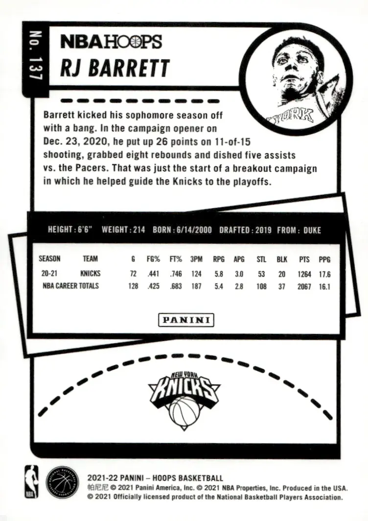 2021-22 NBA Hoops #137 RJ Barrett (back)