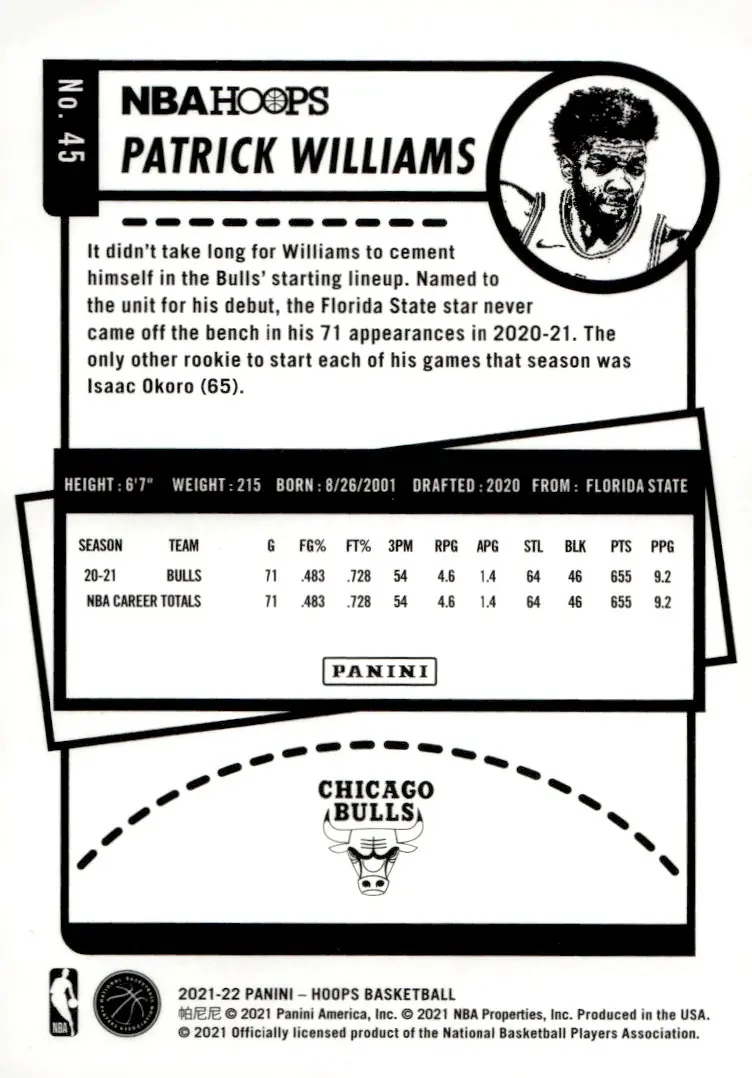 2021-22 NBA Hoops #45 Patrick Williams (back)
