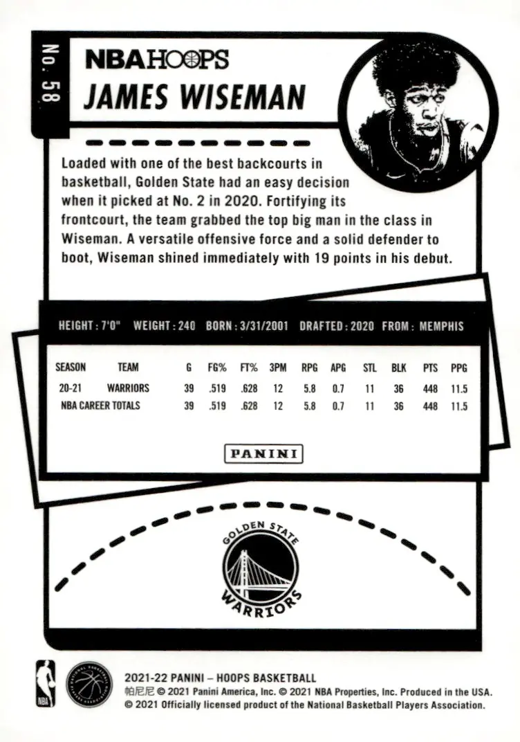 2021-22 NBA Hoops #58 James Wiseman (back)