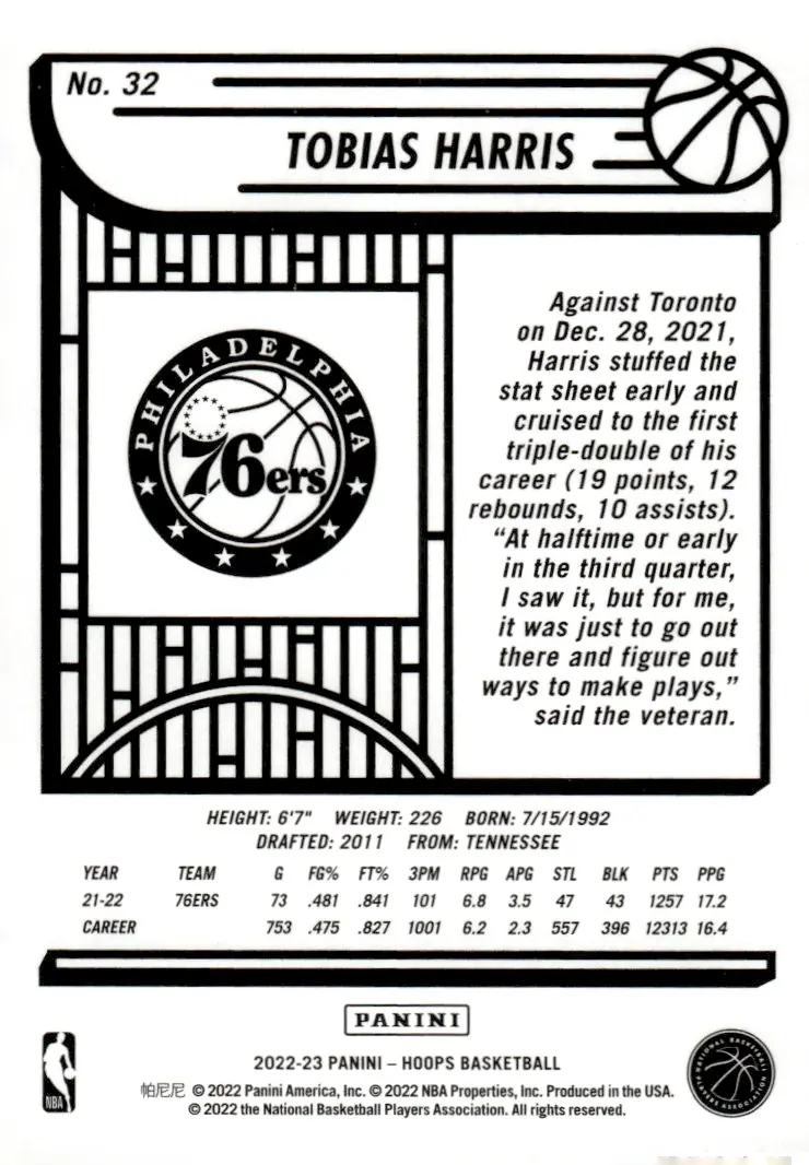 2022-23 NBA Hoops #32 Tobias Harris (back)