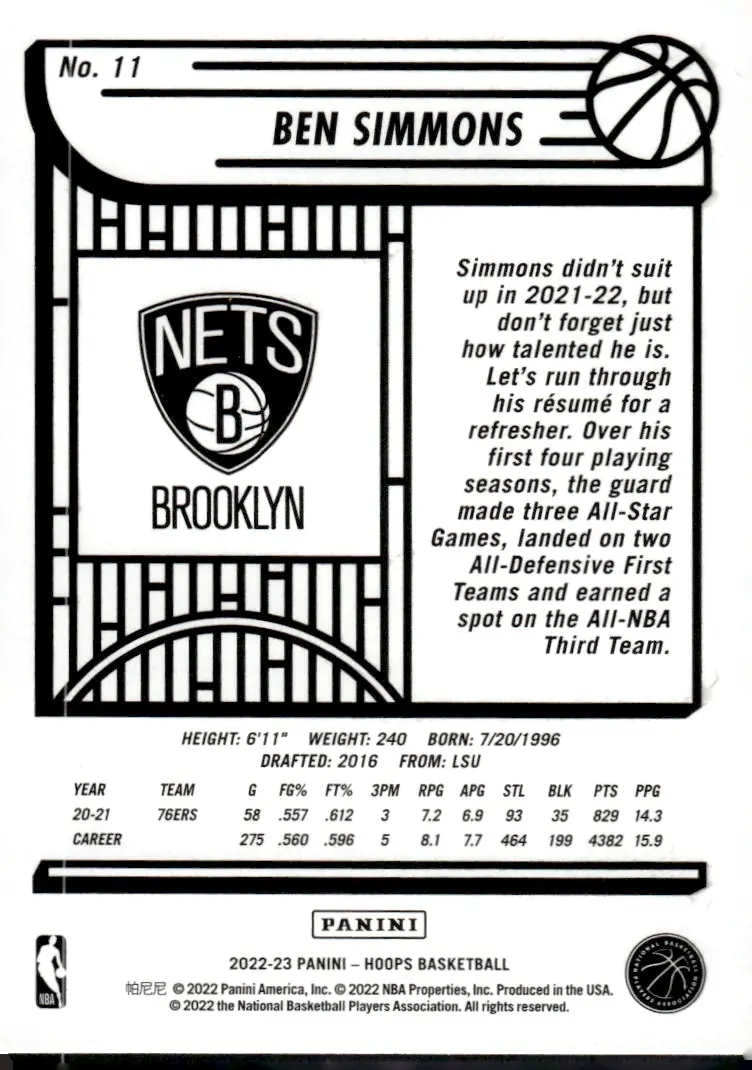 2022-23 NBA Hoops #11 Ben Simmons (back)
