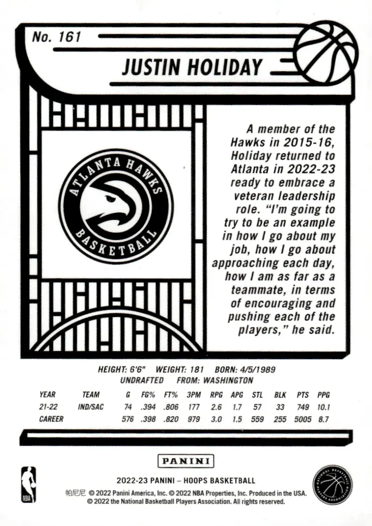 2022-23 NBA Hoops #161 Justin Holiday (back)