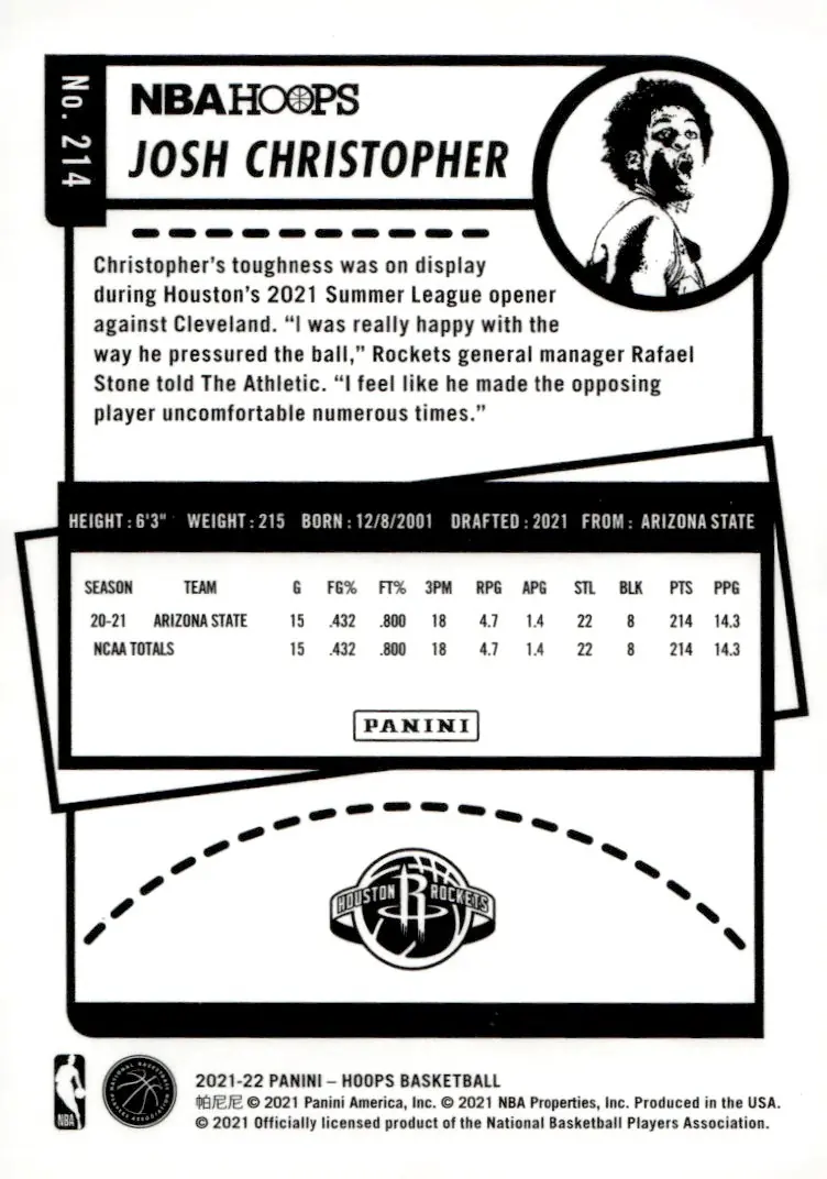 2021-22 NBA Hoops #214 Josh Christopher (back)
