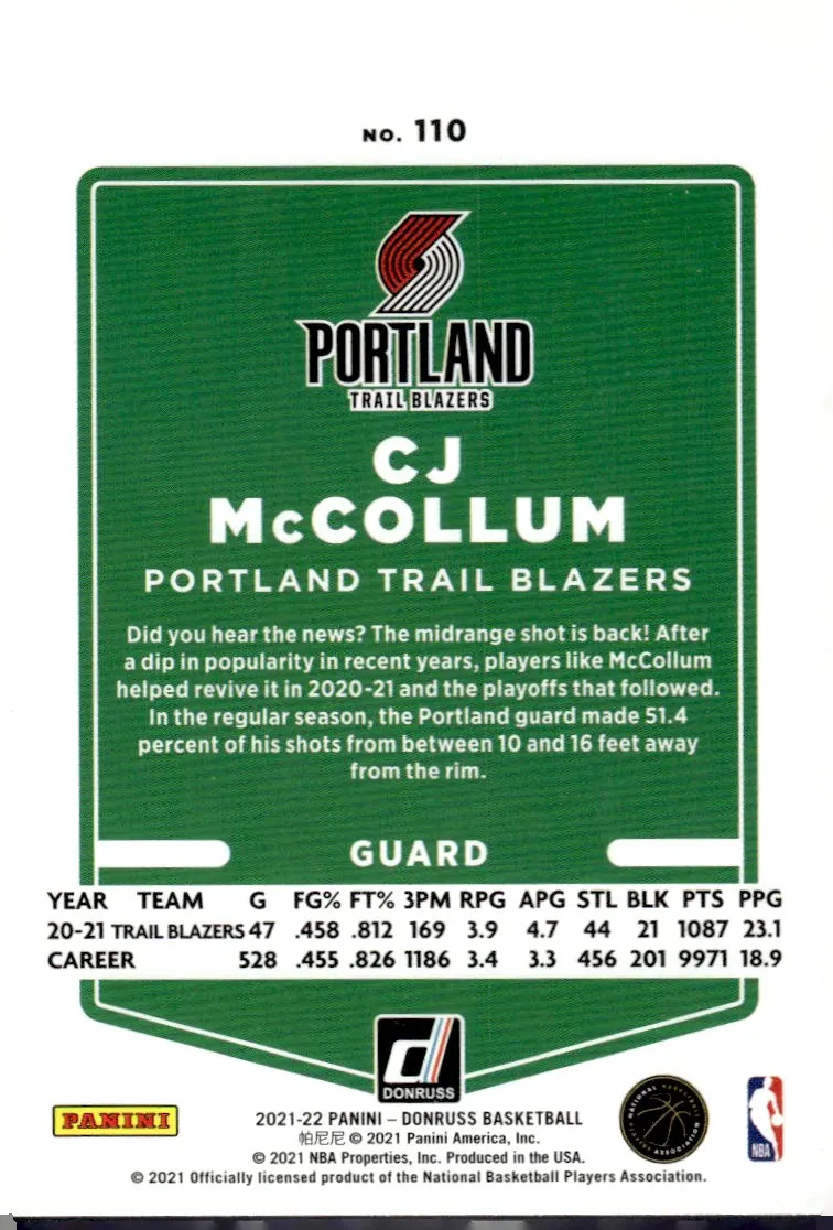 2021-22 Donruss #110 CJ McCollum – Holo Red Laser (back)