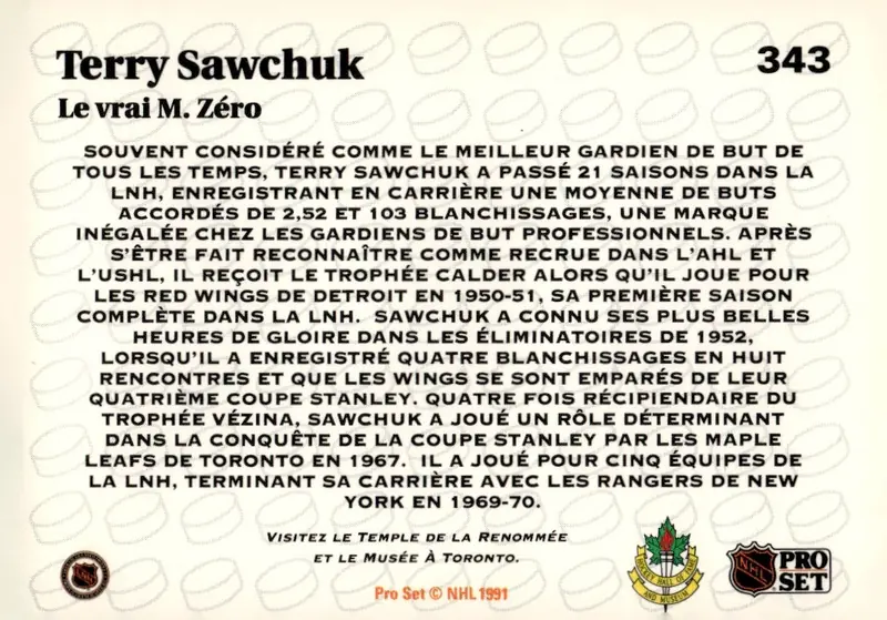 1991-92 Pro Set (French edition) #343 Terry Sawchuk – French-language version (back)