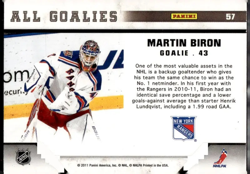 2011-12 Panini All Goalies #57 Martin Biron (back)