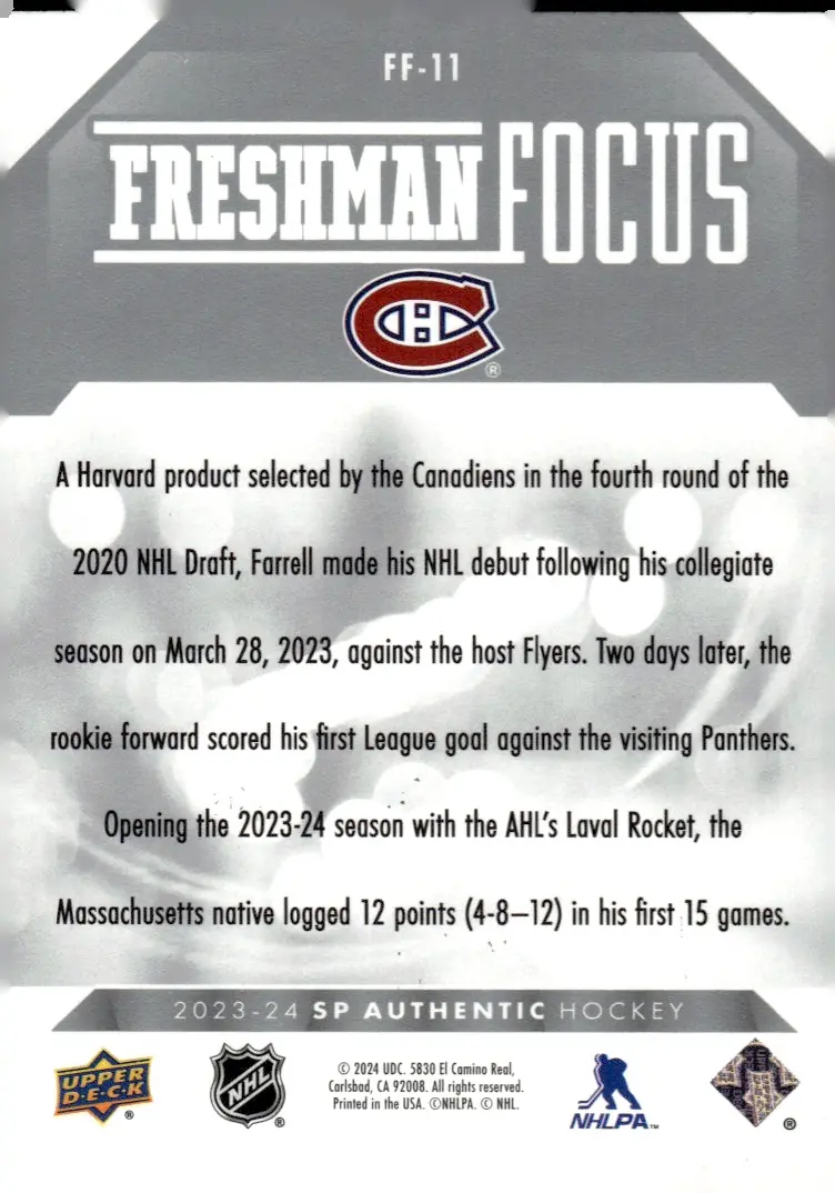 2023-24 SP Authentic #FF-11 Sean Farrell (back)
