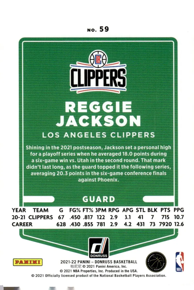 2021-22 Donruss #59 Reggie Jackson (back)