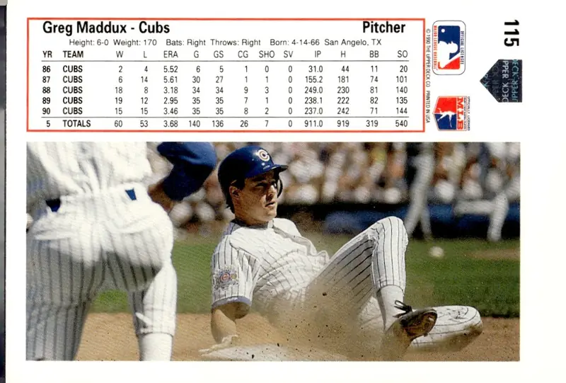 1991 Upper Deck #115 Greg Maddux (back)