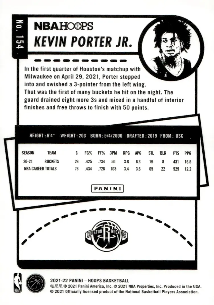 2021-22 NBA Hoops #154 Kevin Porter Jr. (back)