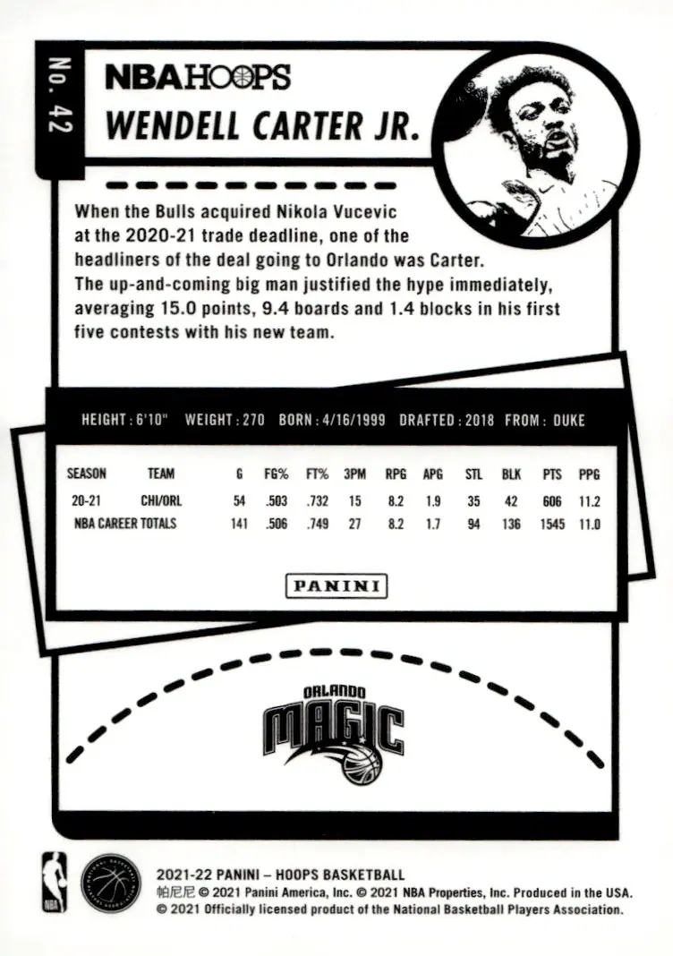 2021-22 NBA Hoops #42 Wendell Carter Jr. (back)