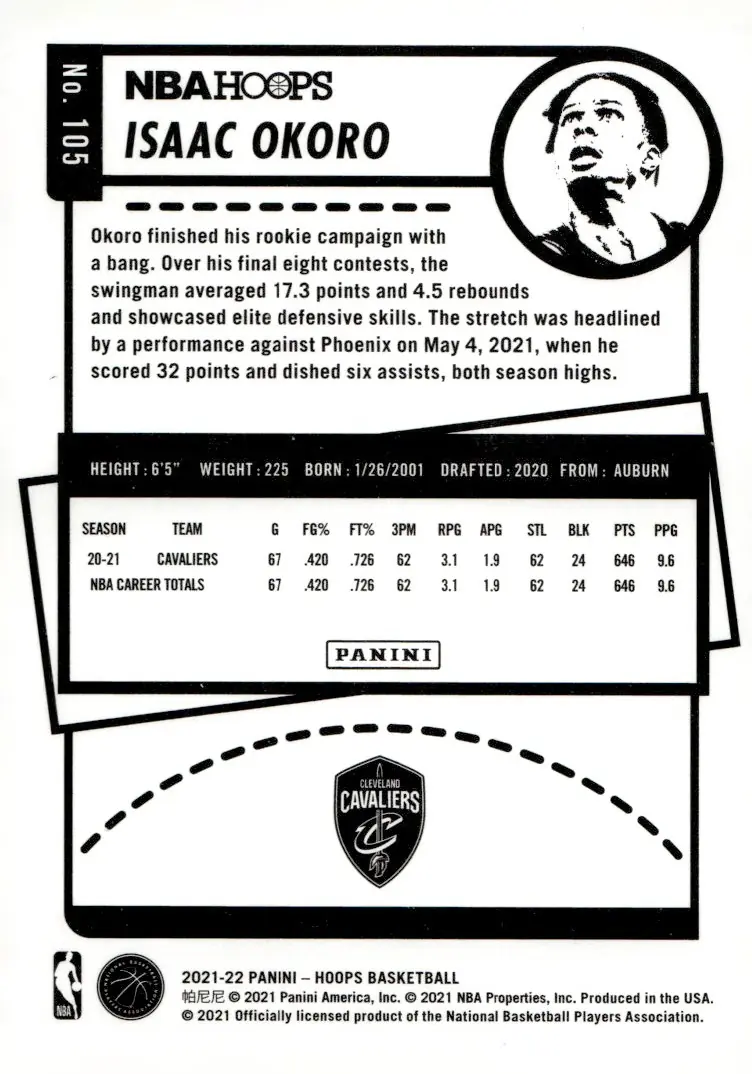 2021-22 NBA Hoops #105 Isaac Okoro (back)