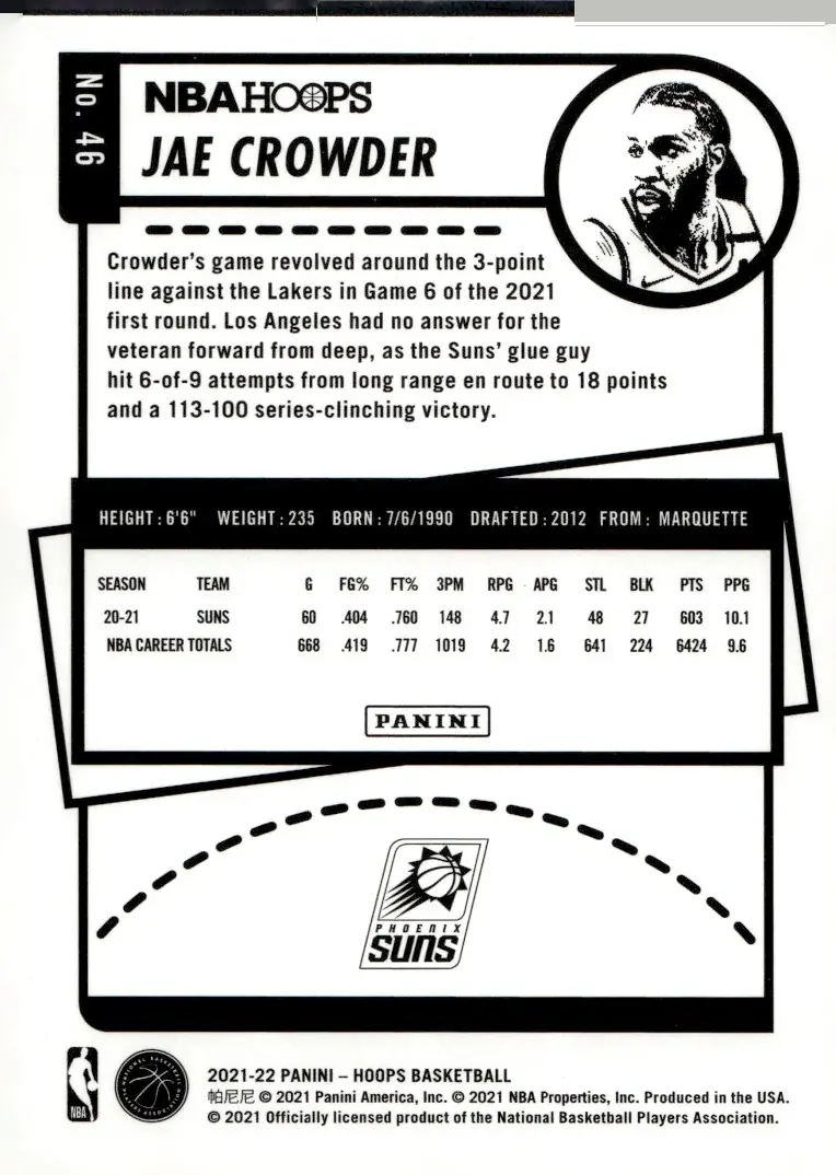 2021-22 NBA Hoops #46 Jae Crowder (back)