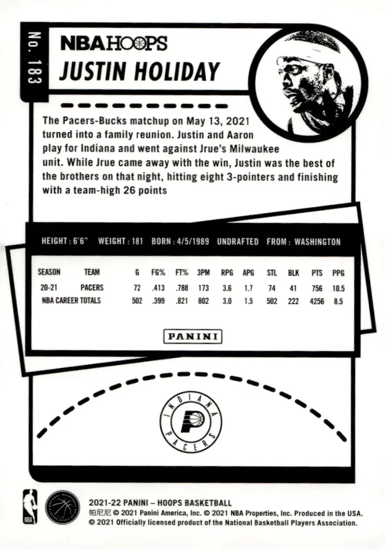 2021-22 NBA Hoops #183 Justin Holiday (back)