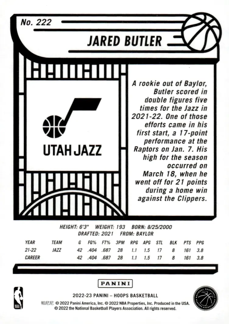 2022-23 NBA Hoops #222 Jared Butler (back)