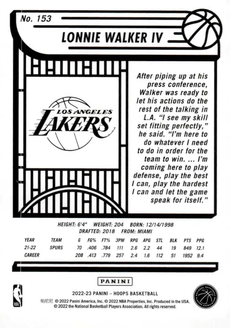 2022-23 NBA Hoops #153 Lonnie Walker IV (back)