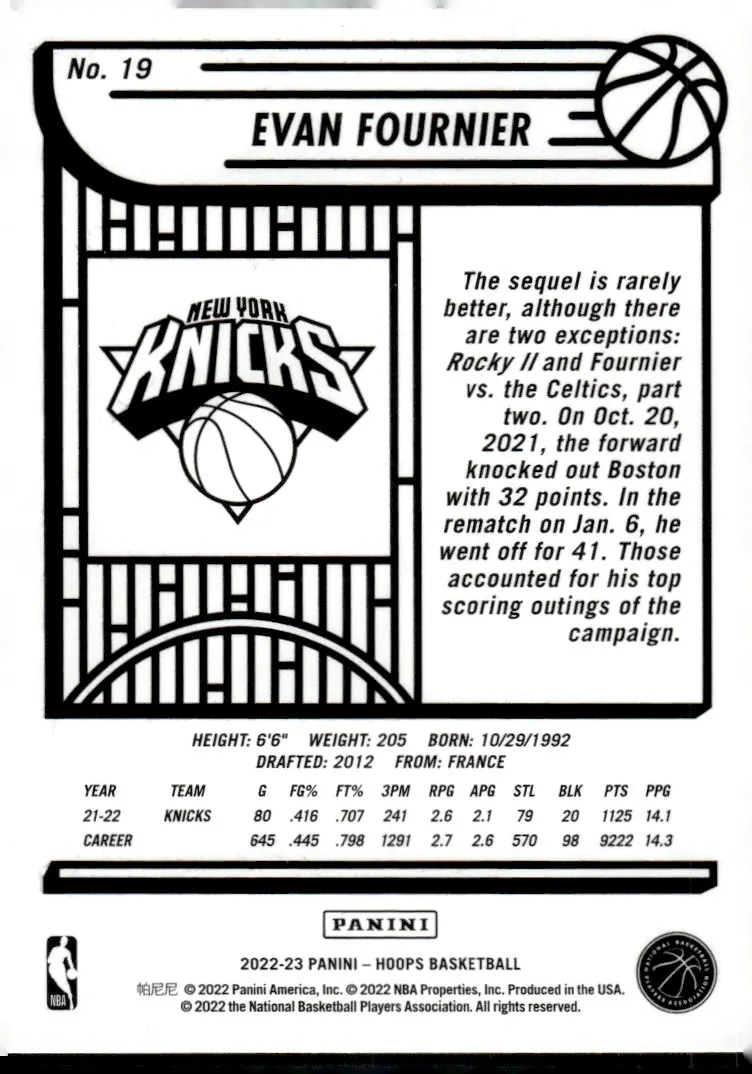 2022-23 NBA Hoops #19 Evan Fournier (back)