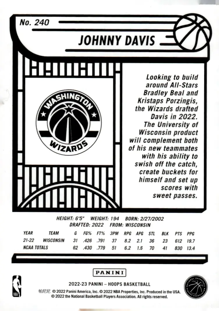 2022-23 NBA Hoops #240 Johnny Davis (back)