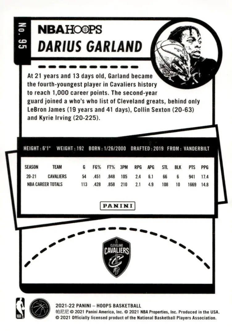 2021-22 NBA Hoops #95 Darius Garland (back)