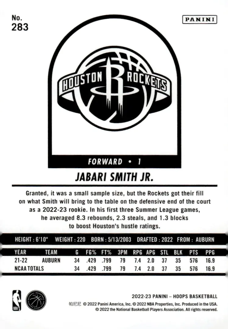2022-23 NBA Hoops #283 Jabari Smith Jr. (back)
