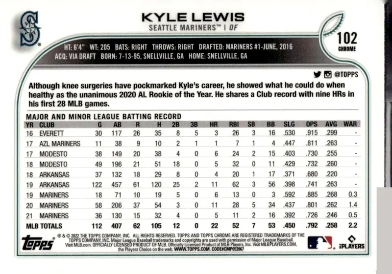 2022 Topps Chrome #102 Kyle Lewis (back)