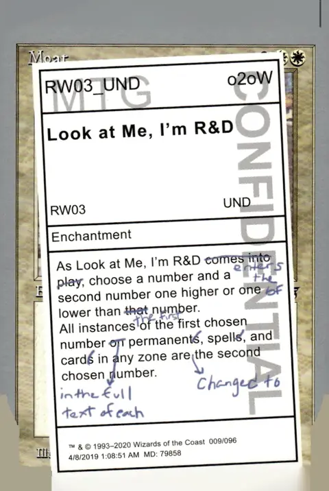 2020 Unsanctioned (set code UND) #9 (printed as 009/096; playtest code RW03_UND) Look at Me, I'm R&D – Playtest/proxy presentation
