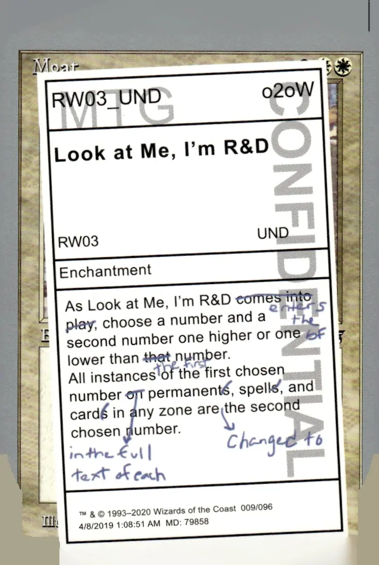 2020 Unsanctioned (set code UND) #9 (printed as 009/096; playtest code RW03_UND) Look at Me, I'm R&D – Playtest/proxy presentation (front)
