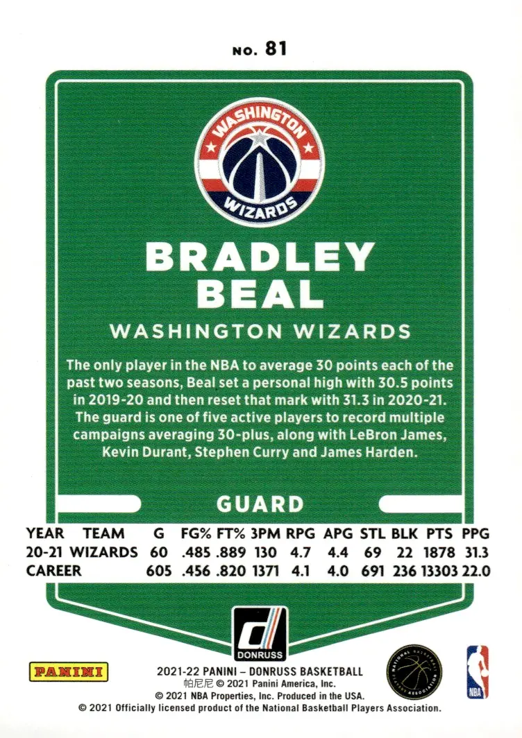 2021-22 Donruss Basketball #81 Bradley Beal (back)