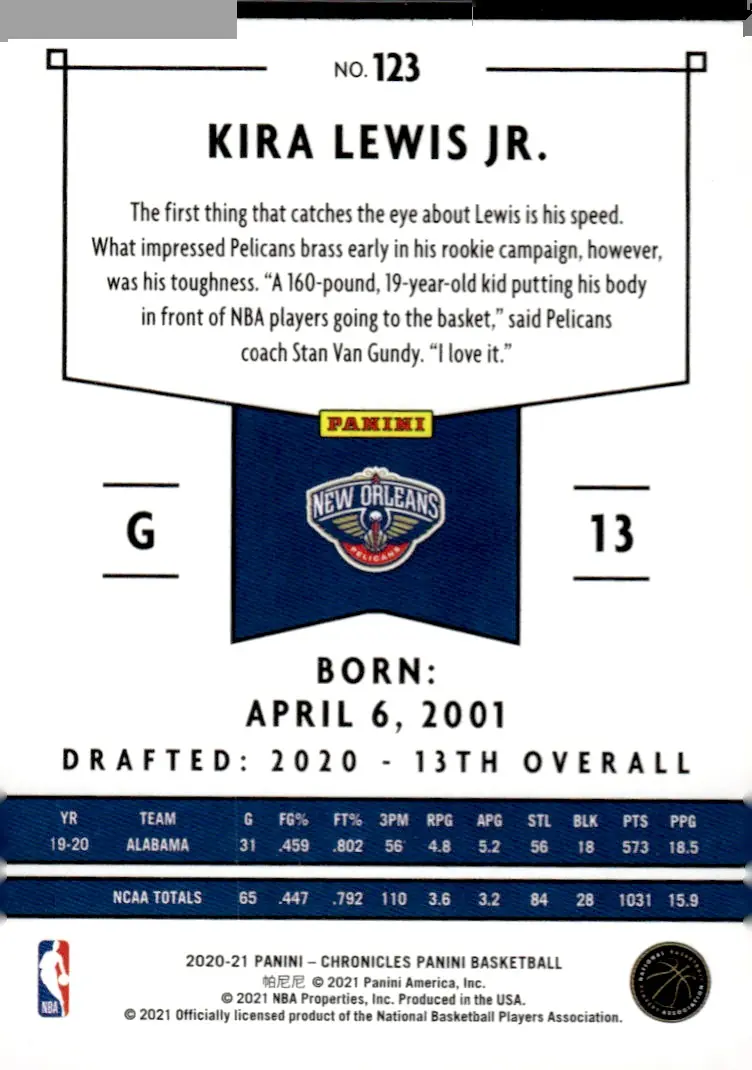 2020-21 Chronicles #123 Kira Lewis Jr. (back)