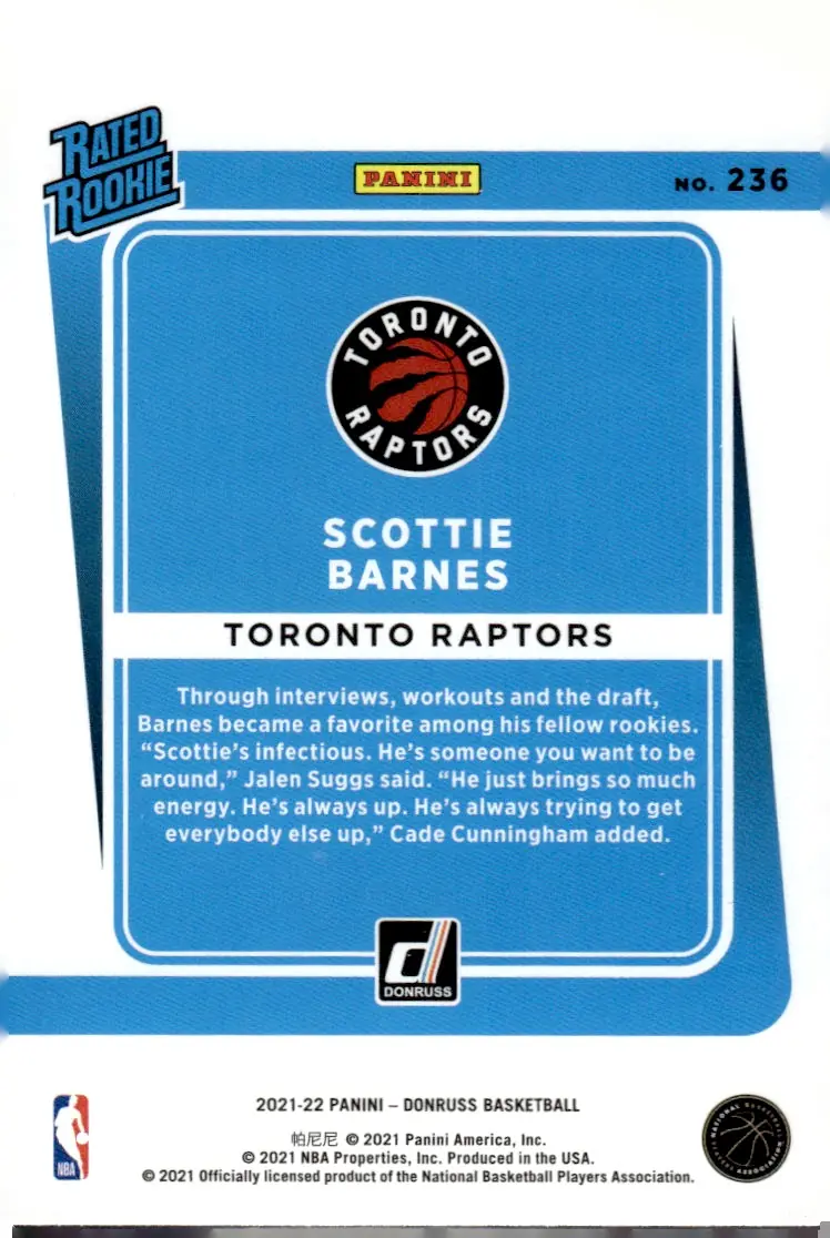 2021-22 Donruss #236 Scottie Barnes (back)