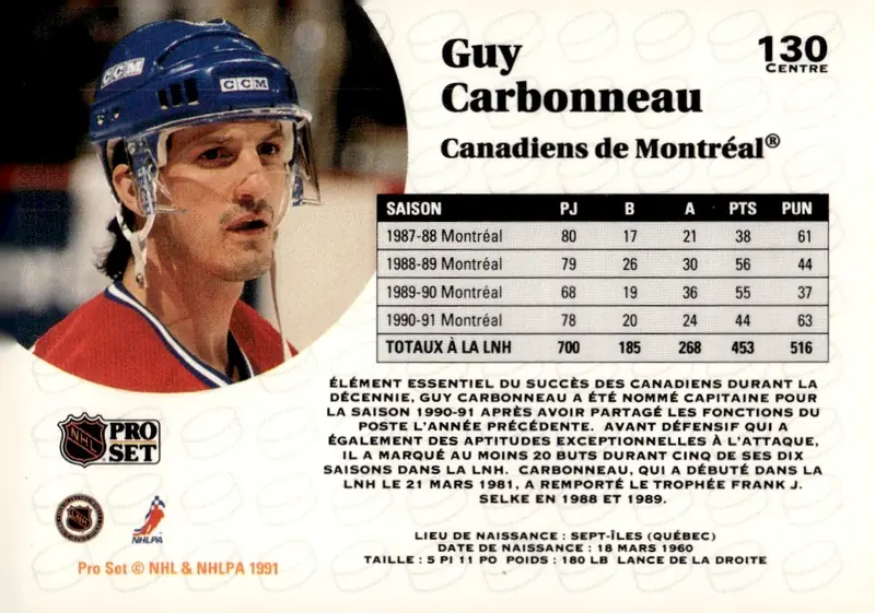 1991-92 Pro Set (French edition) #130 Guy Carbonneau – French-language version (back)
