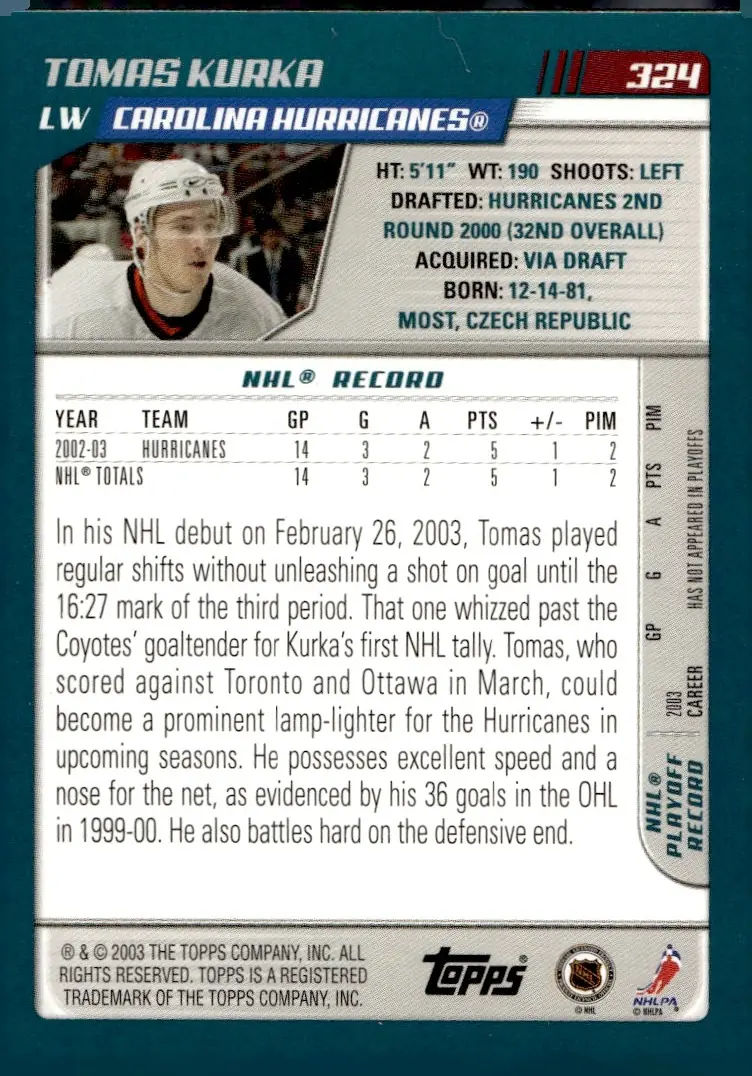 2003-04 Topps #324 Tomas Kurka (back)