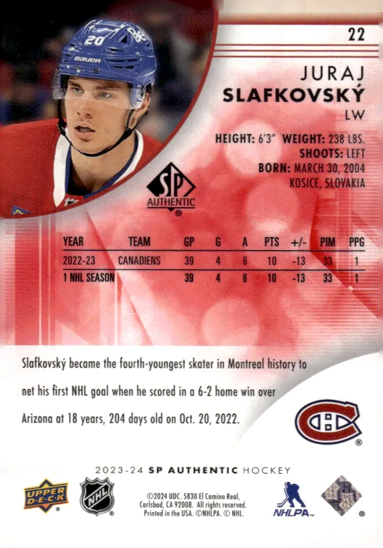 2023-24 SP Authentic #22 Juraj Slafkovský – Limited Red (back)