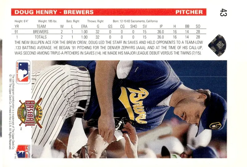 1992 Upper Deck Baseball #43 Doug Henry (back)