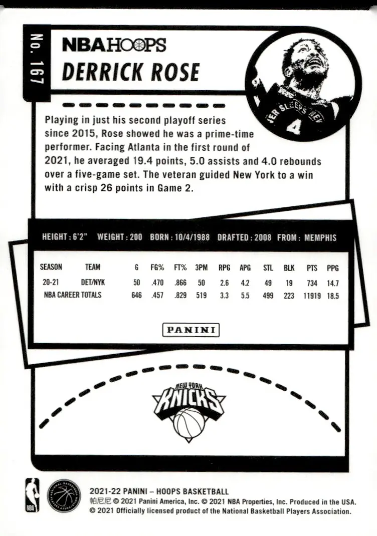 2021-22 NBA Hoops #167 Derrick Rose (back)