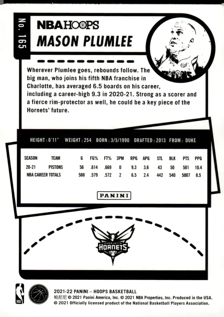 2021-22 NBA Hoops #165 Mason Plumlee (back)