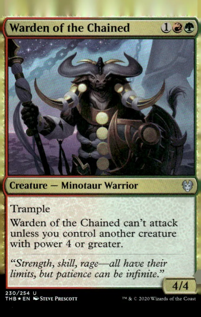 2020 Theros Beyond Death (THB) #230/254 Warden of the Chained (Creature — Minotaur Warrior); art by Steve Prescott – Traditional Foil (front)