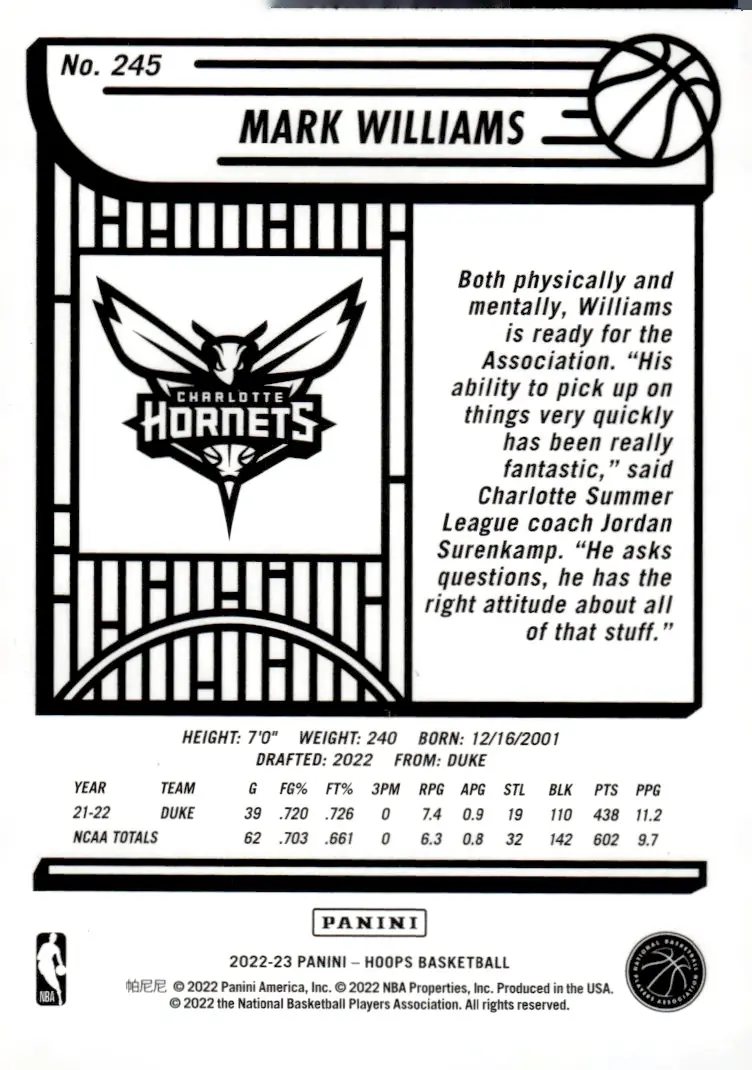 2022-23 NBA Hoops #245 Mark Williams (back)