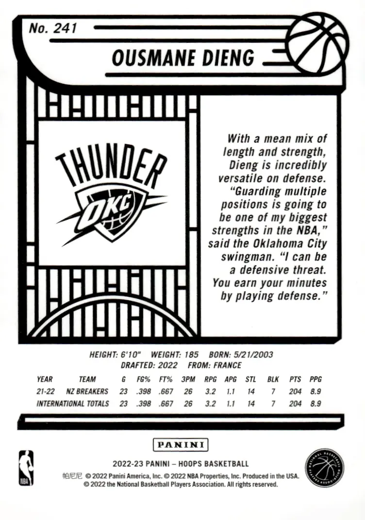 2022-23 NBA Hoops #241 Ousmane Dieng (back)