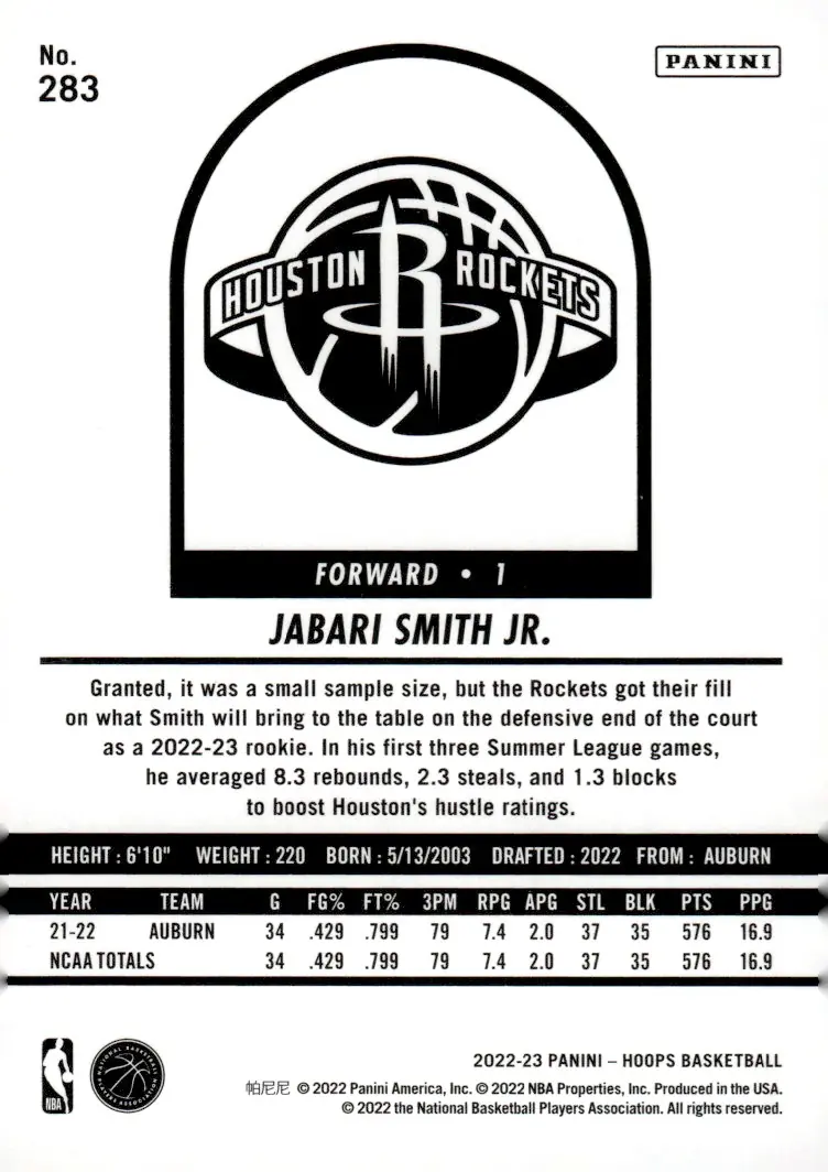 2022-23 NBA Hoops #283 Jabari Smith Jr. (back)