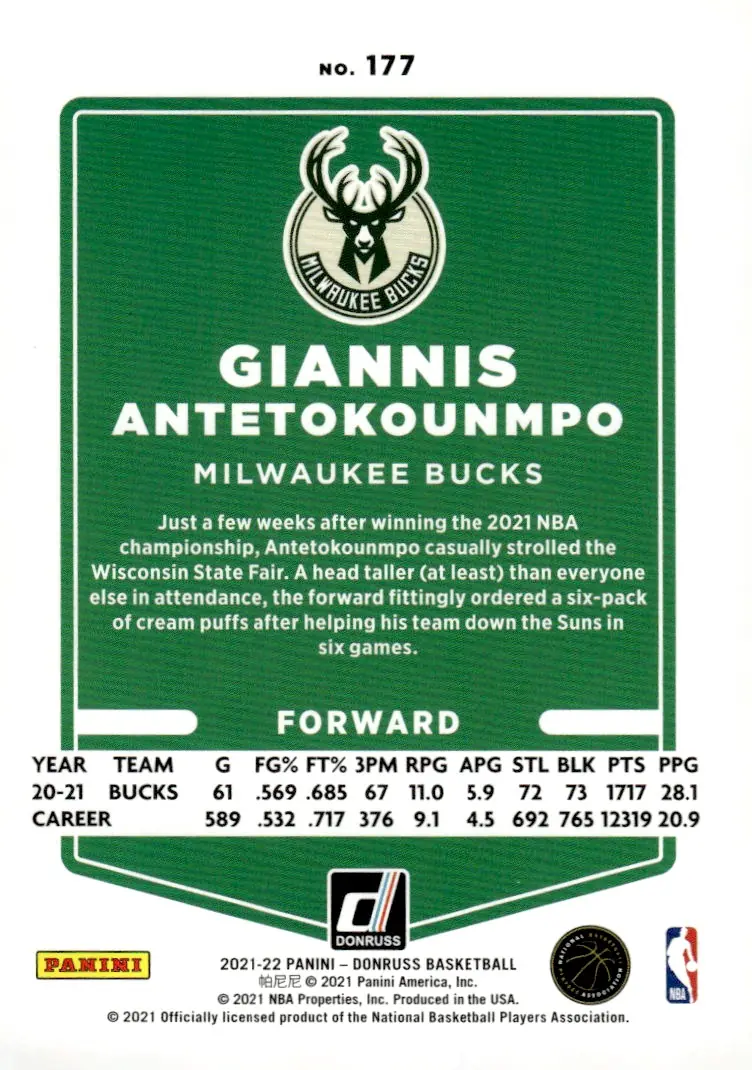 2021-22 Donruss #177 Giannis Antetokounmpo (back)