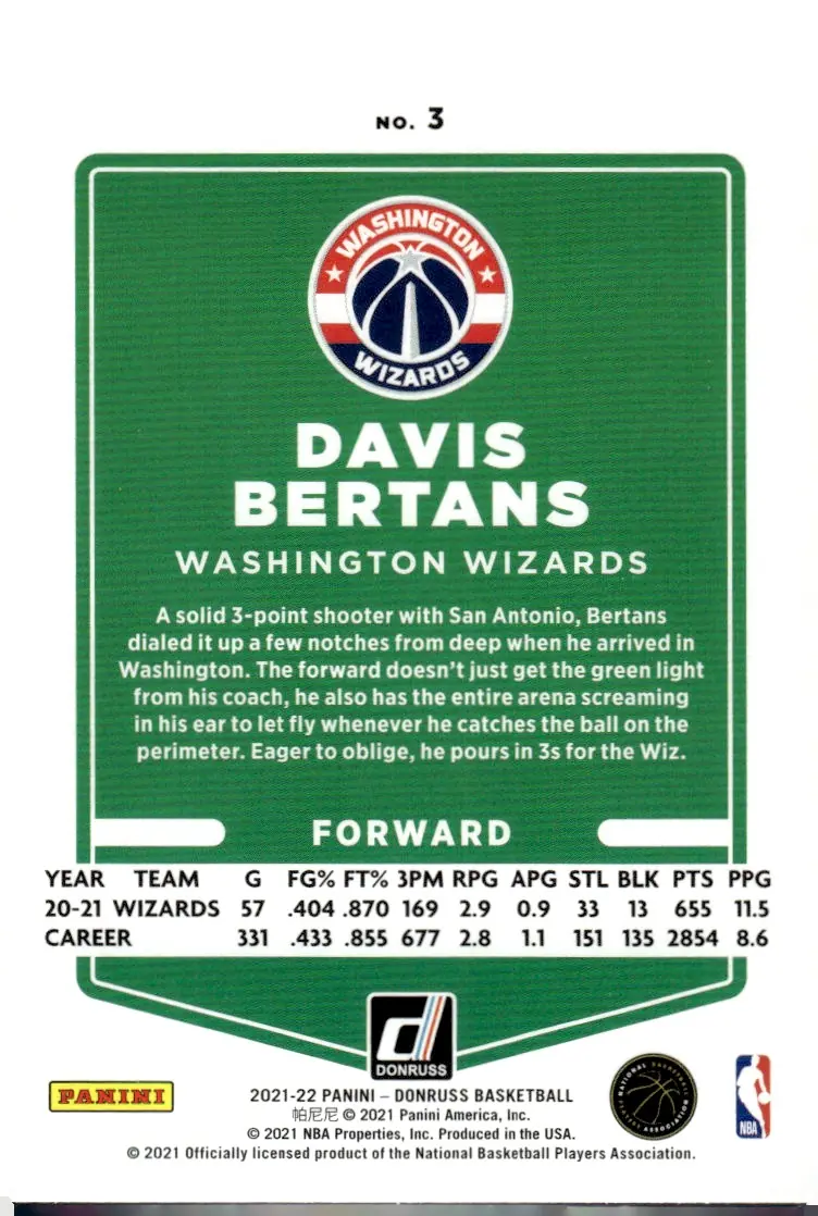 2021-22 Donruss #3 Davis Bertans (back)
