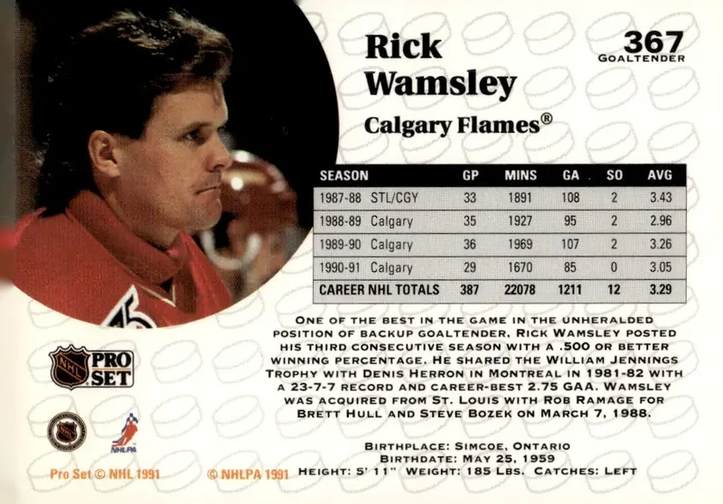 1991-92 Pro Set (English) #367 Rick Wamsley (back)