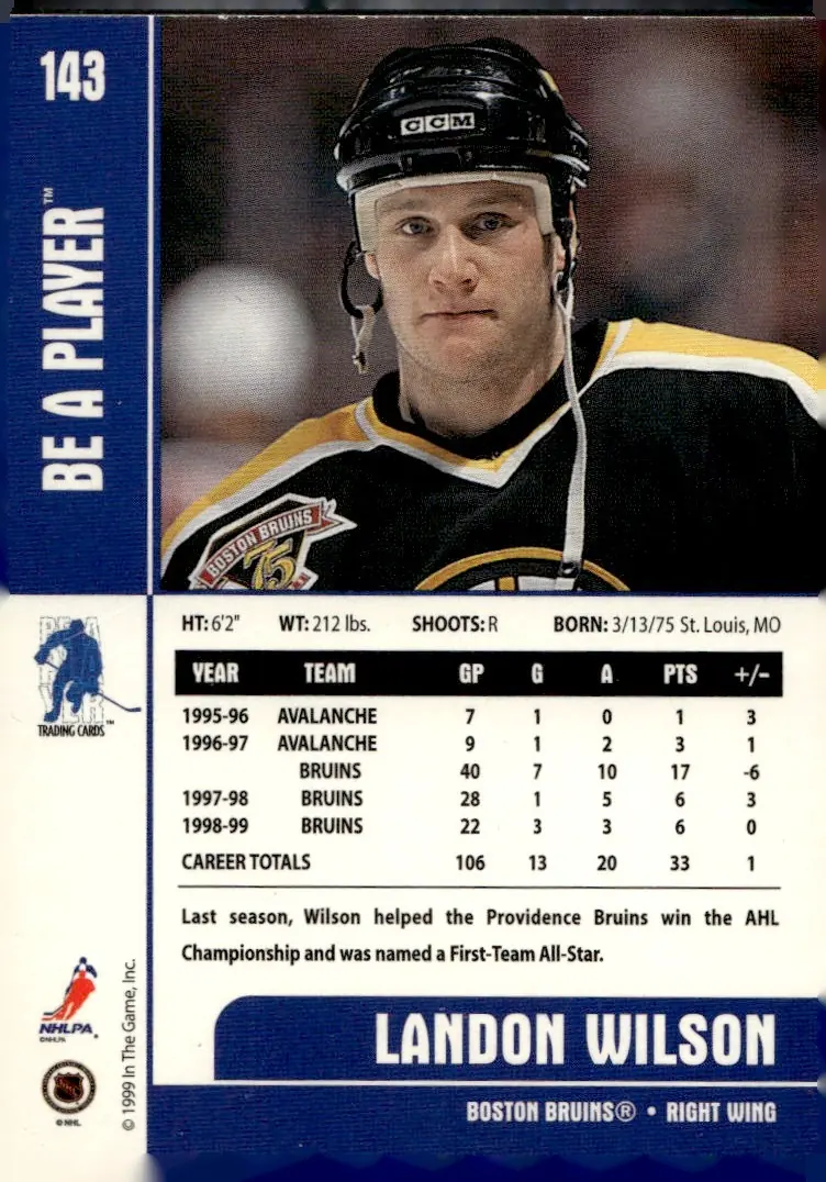 1999-00 Be A Player Memorabilia #143 Landon Wilson (back)