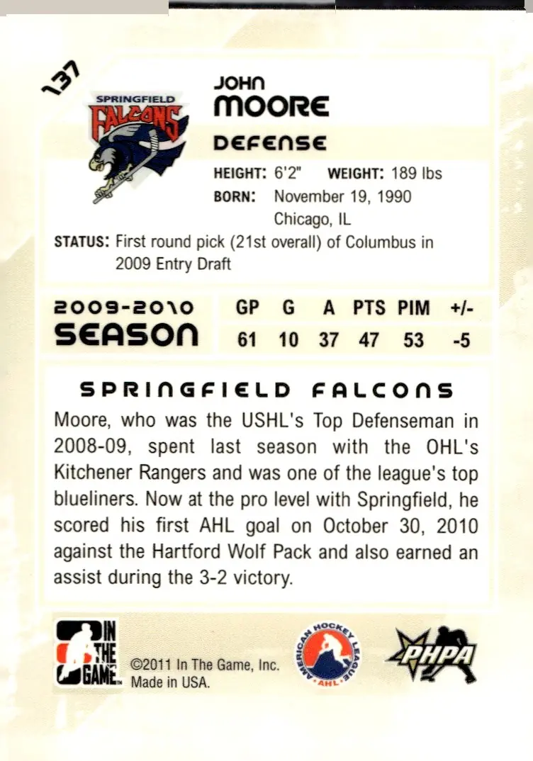 2010-11 In The Game Heroes and Prospects #137 John Moore (back)
